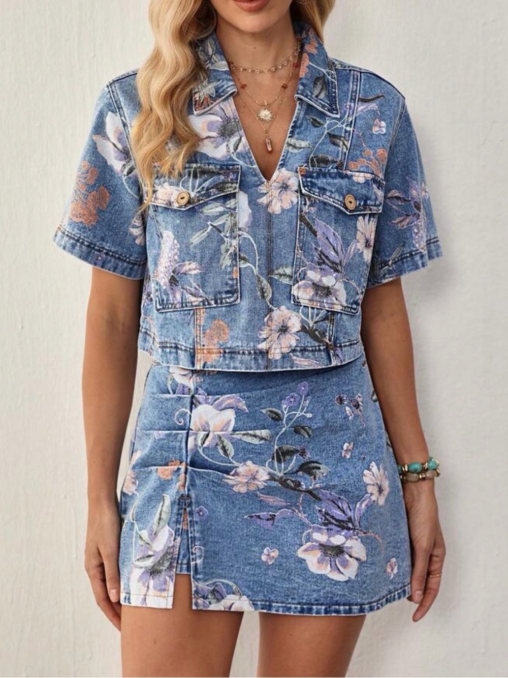 Floral Print Denim Mini Skirt Set - Womens